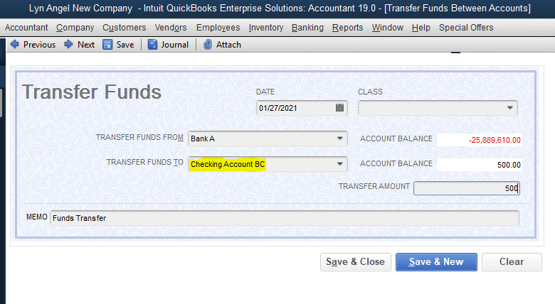 Quickbooks Transfer Money from One Account to Another